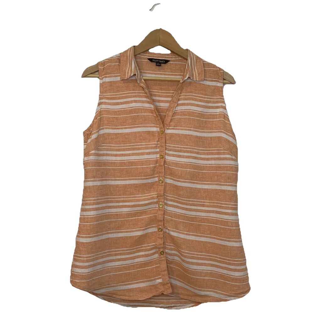 Ellen Tracy 100% Linen Tank Button Down Striped Orange White - Large